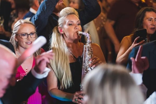 Professional wedding DJ setup with sound and lighting